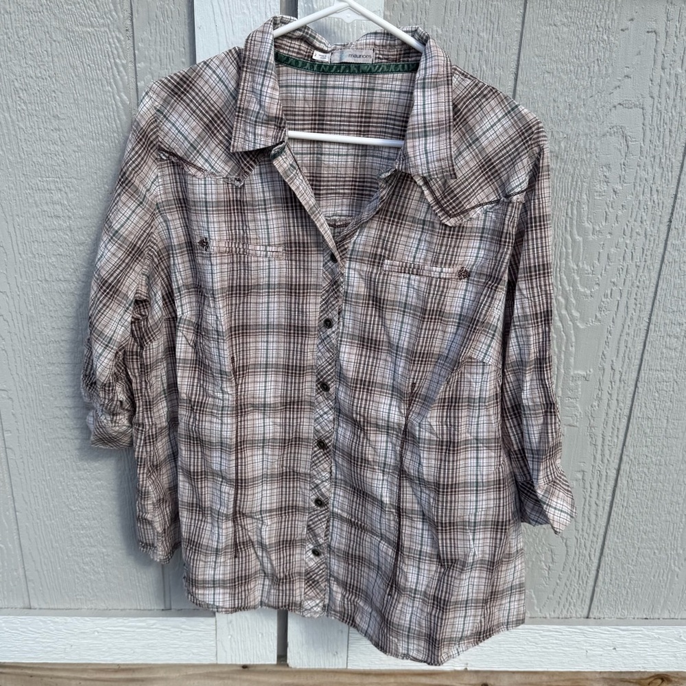 Size 2- Maurices Brown/Cream and green Plaid Shirt